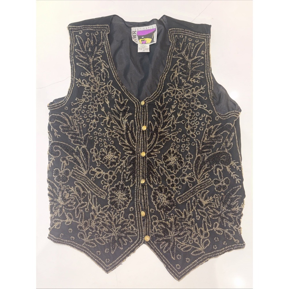 Vtg Other Destination Beaded Black/Gold Vest